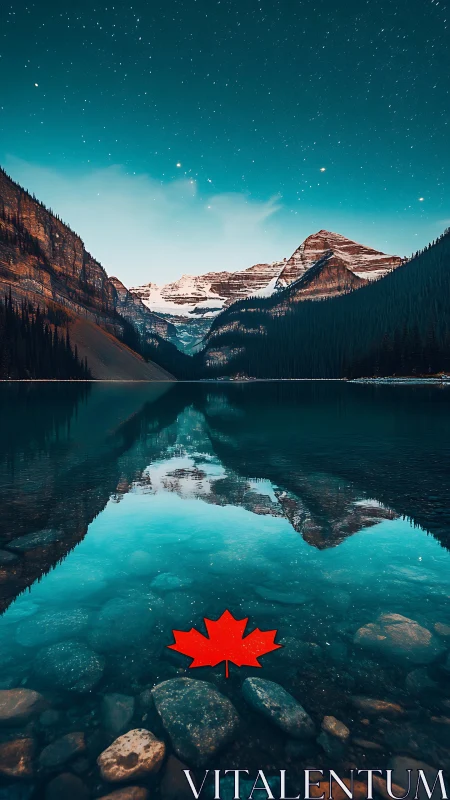 Canadian mountain lake nightscape with reflected peaks