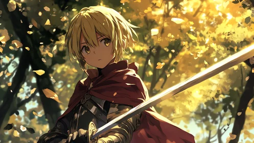 Autumn-blade prodigy beneath falling leaves of golden resolve.