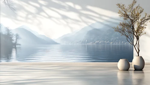 Serene lake and mountains create a tranquil modern interior view