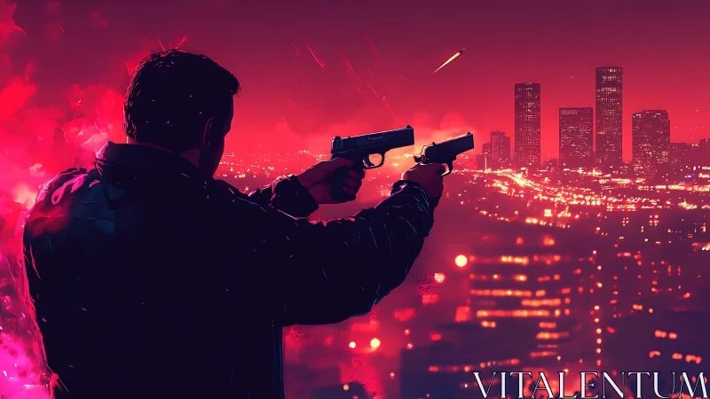 Gunman silhouette overlooking neon red cyberpunk cityscape.
