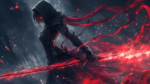 Hooded armored figure holds elongated red energy blade horizontally