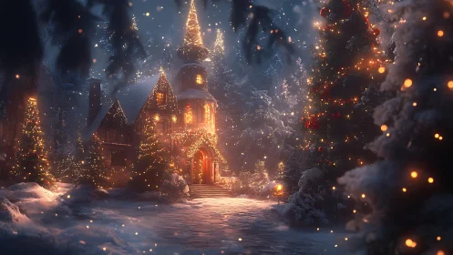 Snow covered Christmas cottage with warm festive lighting at dusk