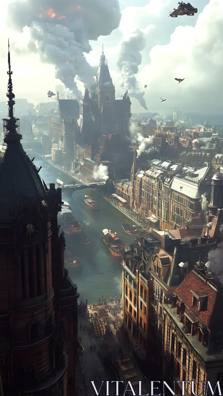 Steam-powered river city rises with ships and soaring craft