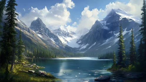 Digital painting of alpine lake with snowcapped mountain massif.