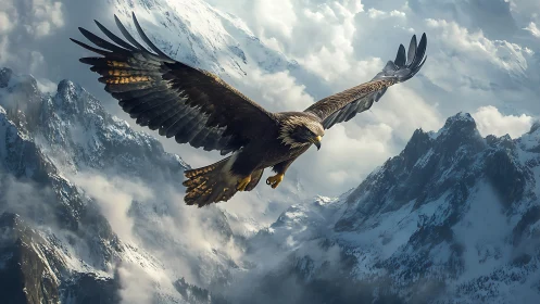 Majestic eagle soaring over dramatic snowy mountains, photorealistic style.