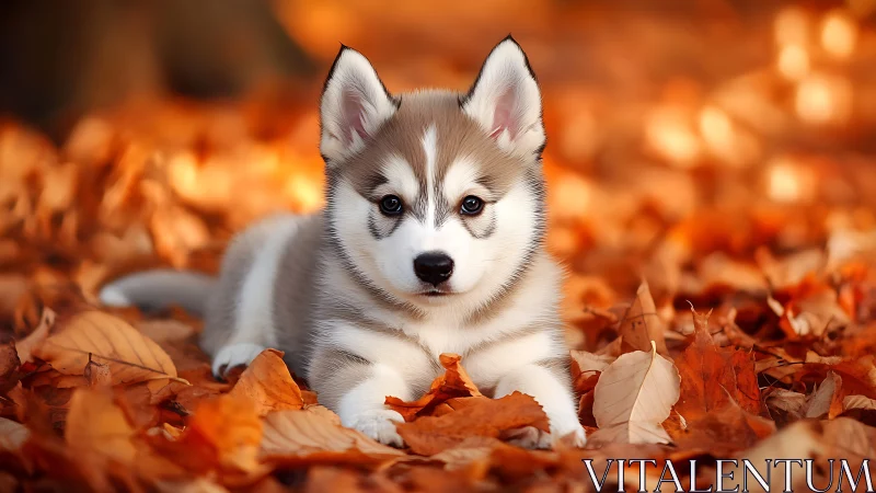 Siberian husky puppy lying in dry autumn leaf groundcover.