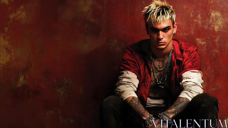 Brooding tattooed youth against distressed red wall.