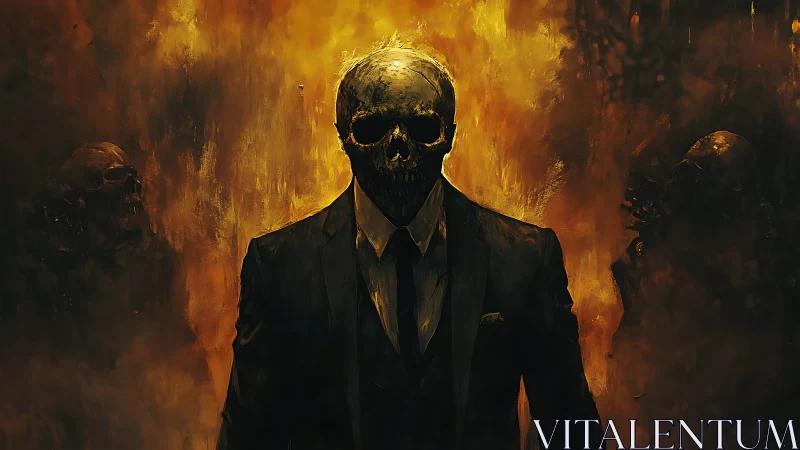 Skull-faced figure in formal suit emerges from infernal smoke field