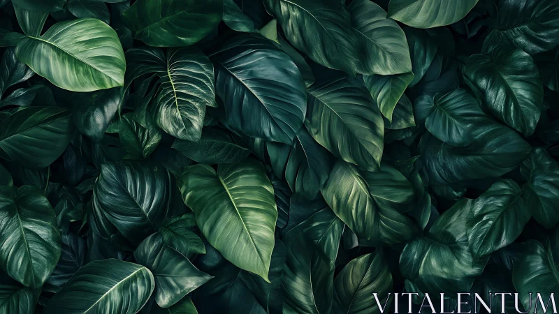 Dense tropical foliage with overlapping glossy green leaves