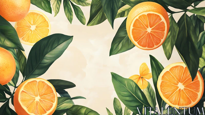 Citrus branch illustration with sliced oranges and dense foliage