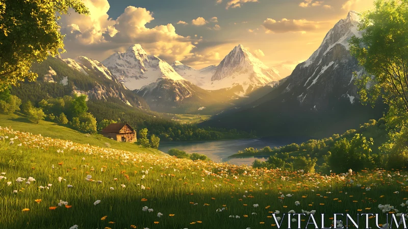 Sunlit alpine meadow with chalet above serene mountain lake.