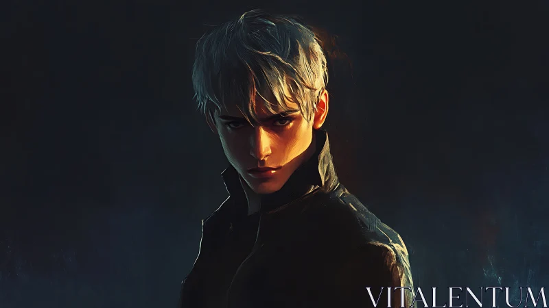 Moody digital portrait of silver haired young man in shadow.