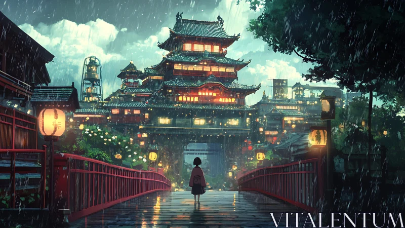 Rain-soaked red bridge leads to illuminated pagoda complex at dusk