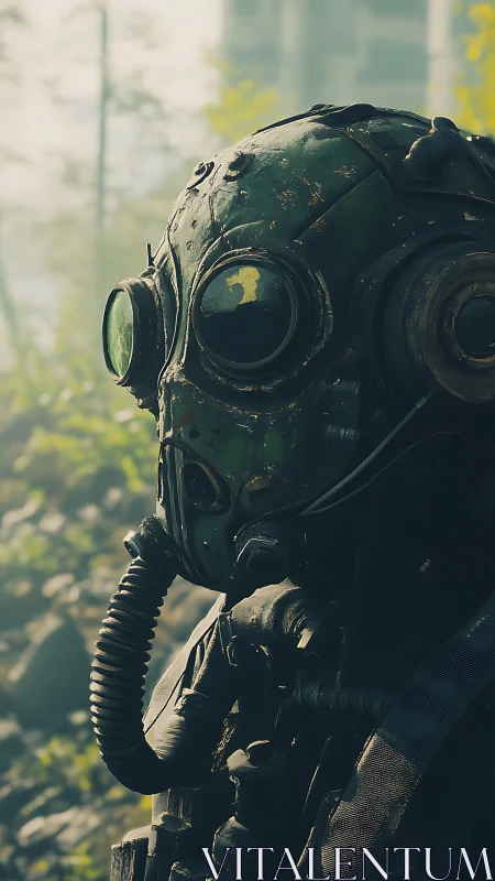 Weathered wasteland wanderer in a quiet green morning.