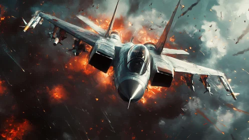 Combat jet cuts through explosion-filled stormy sky.