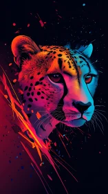 Neon-gradient cheetah portrait with kinetic streak abstraction.
