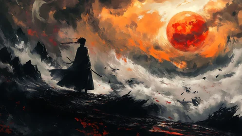 Lone samurai faces burning crimson sun over storm coast.