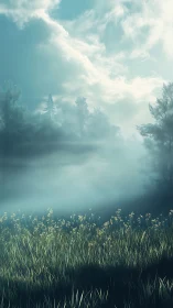 Mist-kissed meadow waking beneath a pale turquoise sky.