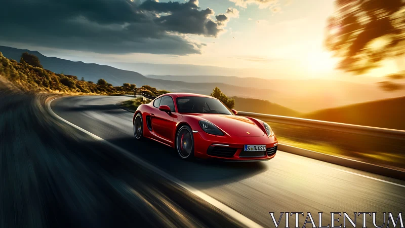 Red sports coupe on mountain pass at golden hour, motion blur