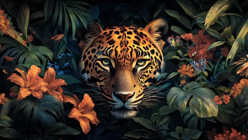 Digital painting of leopard portrait framed by lush tropic flora.