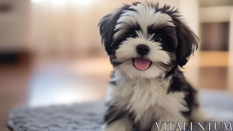 High-key close-up portrait of fluffy black-white puppy indoors