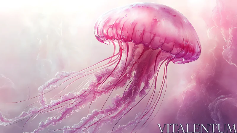 Graceful pink jellyfish drifts softly through dreamy light