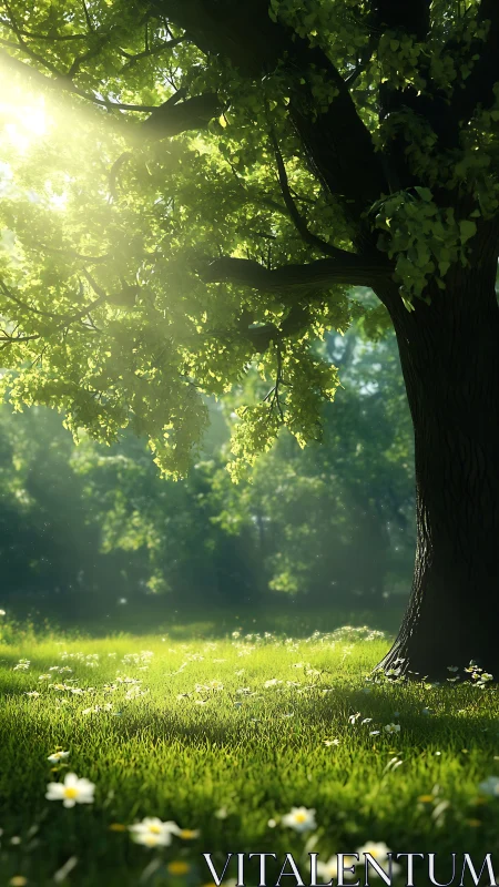 Sunlit tree casts gentle light across a quiet meadow