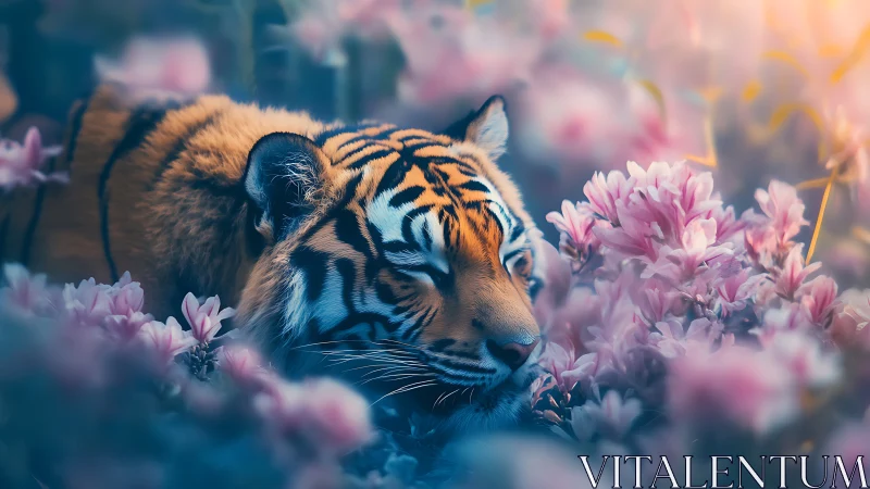 Tiger rests amid soft pink blossoms in dreamy haze