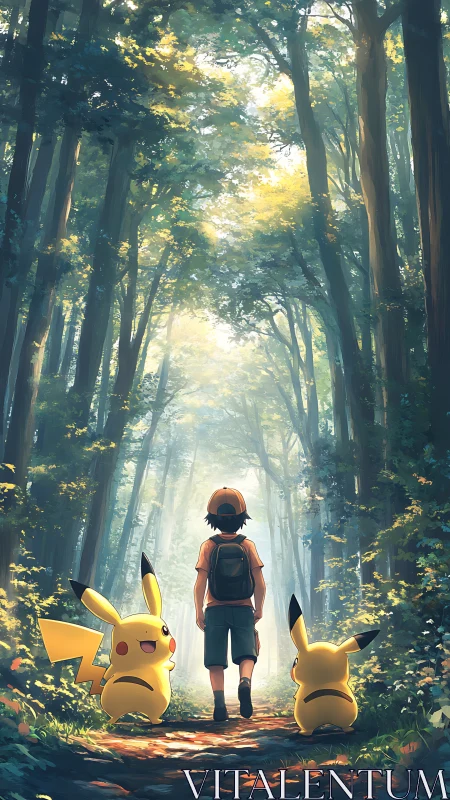 Forest path scene shows boy and two creatures walking away