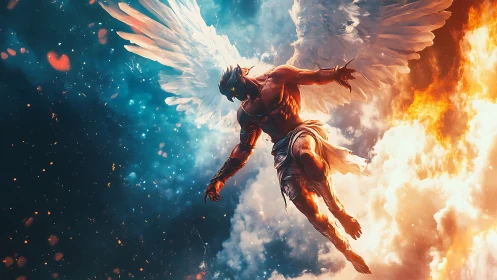 Fiery winged guardian soars between stormy sky and flame