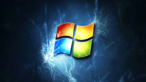 Colorful window logo over dark blue digital energy burst.