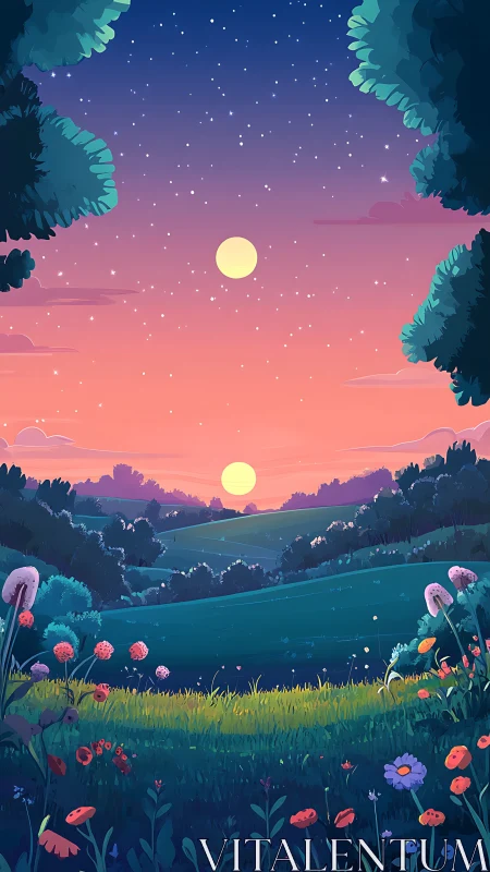 Twin suns glow above a tranquil twilight meadow landscape.