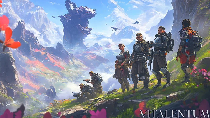 Explorers in armored suits survey a vivid alien valley landscape.