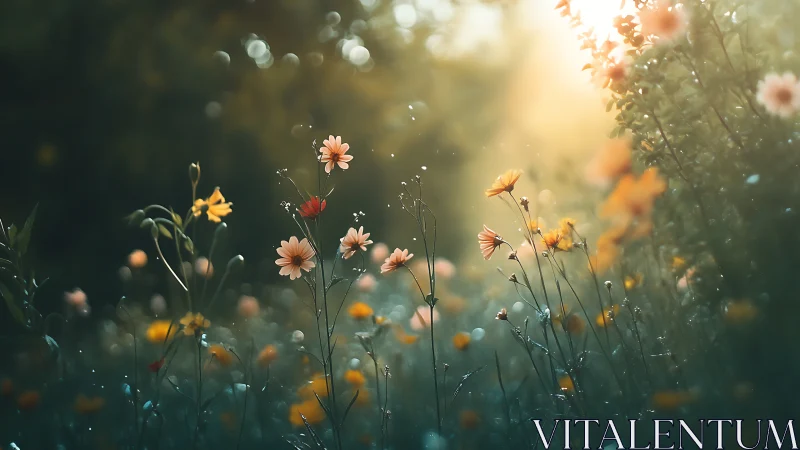 Wildflower field with daisies at dawn light.