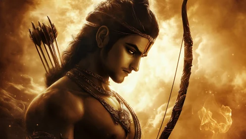 Warrior archer stands in radiant golden divine aura