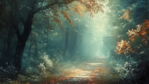 Sunlit forest path glowing with ethereal autumn light