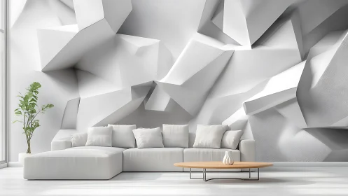 Minimalist living room with sculptural geometric wall art.