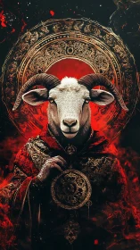 Regal horned guardian cloaked in crimson and gold mystery.