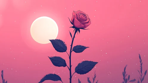 Single red rose silhouette against pink gradient moonlit sky.