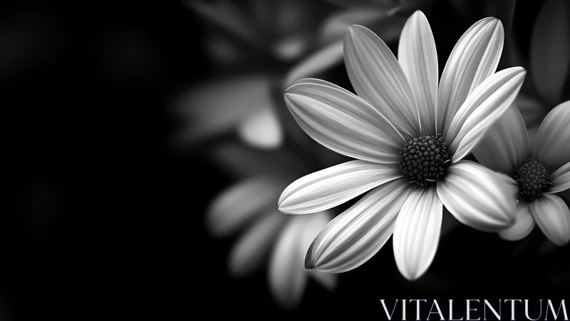 Black and white photograph of compositional daisies with focused petals