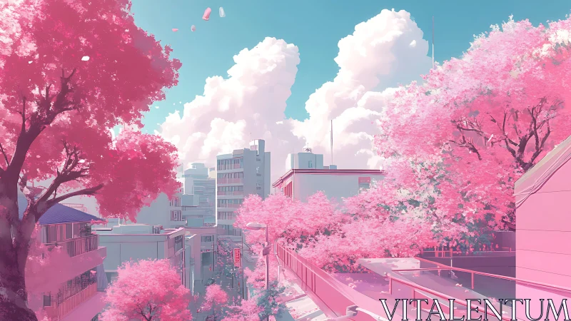 Pink cherry blossoms over quiet pastel city street scene.