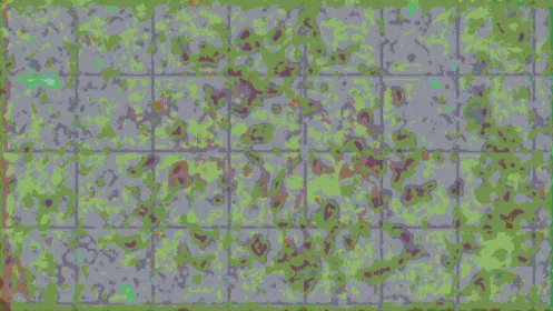 Weathered tiled wall grows with abstract mossy textures