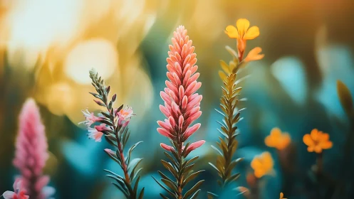 Blooming Flower Garden in Warm Golden Light.