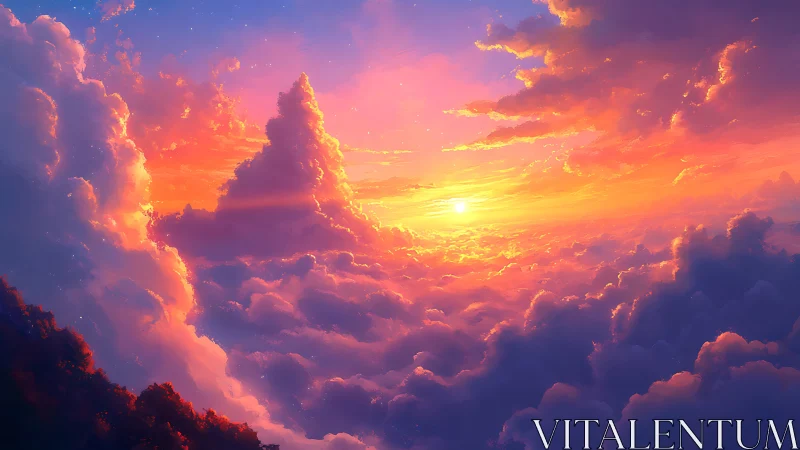 Radiant sunset ignites towering dreamlike cloud oceanscape.