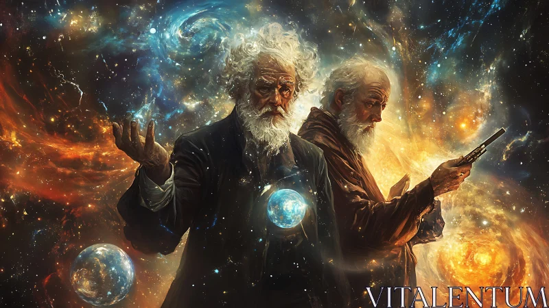 Cosmic philosophers orchestrating swirling galactic realms.