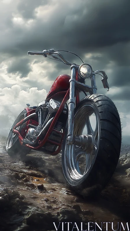 Red custom chopper under storm clouds on muddy terrain.