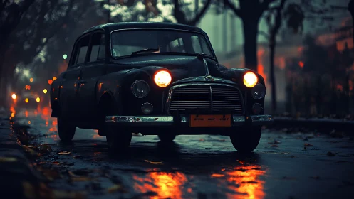 Vintage car&rsquo;s warm headlights cut through a rainy night street
