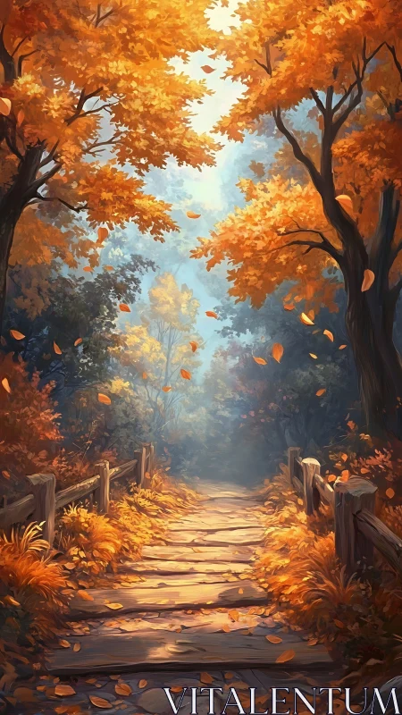 Sunlit autumn forest path inviting a slow, dreamy wander.