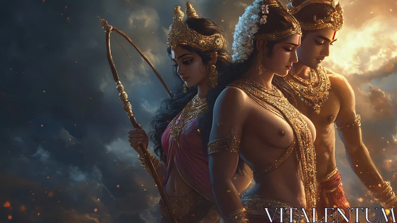 Divine warrior trio stands in glowing stormlit heavens