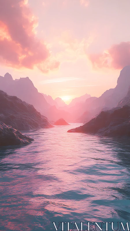 Radiant pink sunrise over reflective alpine river corridor